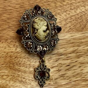 Cameo Brooch with Gold and Red Accents